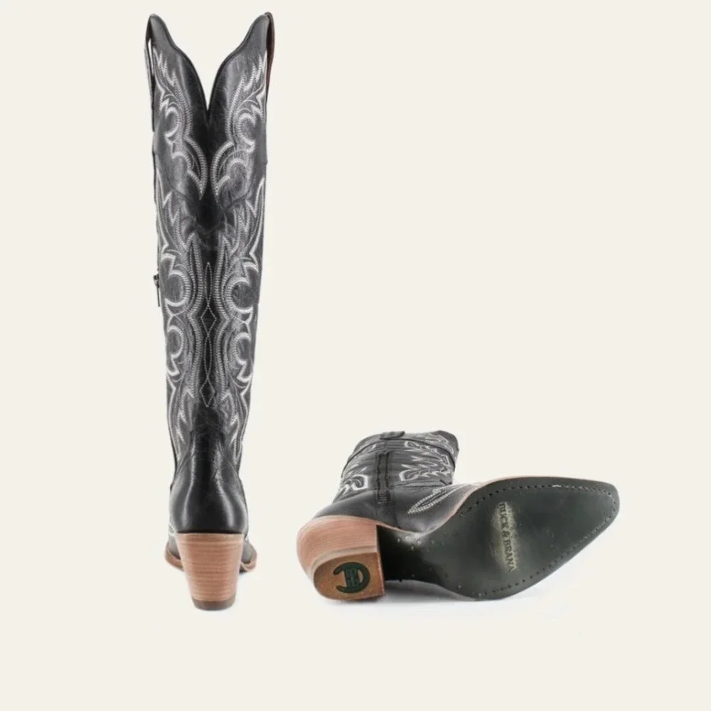 Buck & Brana Julia Black Leather Over The Knee Western Embroidered Boots 8.5 NEW